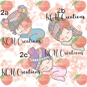 May include: Three digital illustrations of sleeping babies with different hats and blankets. The babies are surrounded by peach-colored swirls and peaches. The text "KCN Creations" appears multiple times in the image.