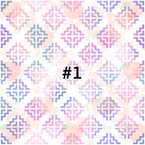May include: A white background with a repeating pattern of pink and blue geometric shapes. The number "#1" is in the center of the image.