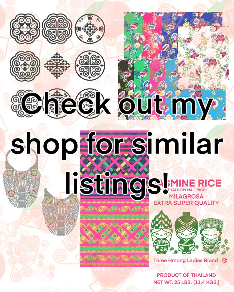 May include: A colorful patterned fabric with a pink background and green, blue, and black geometric designs. The fabric is labeled "MINE RICE THAI HOM MALI RICE) MILAGROSA EXTRA SUPER QUALITY" and "Three Hmong Ladies Brand Ⓡ PRODUCT OF THAILAND NET WT. 25 LBS. (11.4 KGS.)".