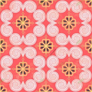 May include: A seamless pattern featuring a repeating design of white swirls and yellow and black flowers on a red background.