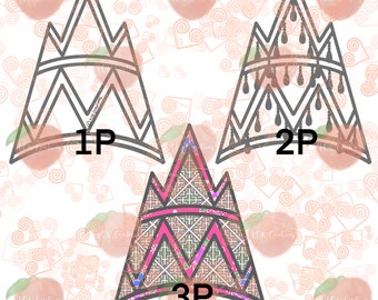 May include: Three different designs for a crown. The first crown is a simple black outline. The second crown has a black outline with black teardrop shapes hanging from the points. The third crown has a pink, green, and blue patterned design.