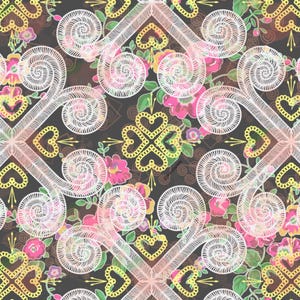 May include: A seamless pattern featuring a repeating design of white swirls and yellow hearts on a dark brown background. The swirls are layered over a floral pattern with pink, white, and green flowers.