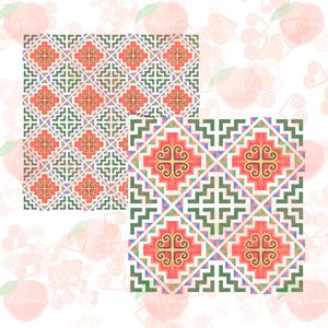 May include: Two seamless patterns featuring geometric designs in shades of red, green, blue, and yellow. The patterns are set against a white background.