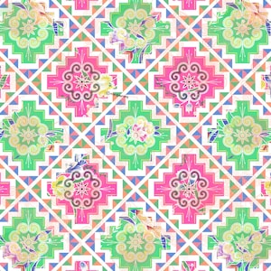 May include: A seamless pattern featuring a repeating geometric design with pink, green and blue floral motifs on a white background.
