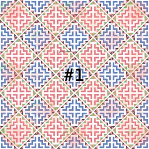 May include: A seamless pattern with a geometric design featuring a repeating pattern of blue, red, and green squares and triangles. The pattern is on a white background. The number #1 is in the center of the image.