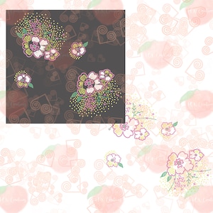May include: Floral pattern design featuring clusters of flowers in pink, yellow, and white, with green leaves and yellow dots. The design is set against a dark gray background with a repeating pattern of swirls and squares.