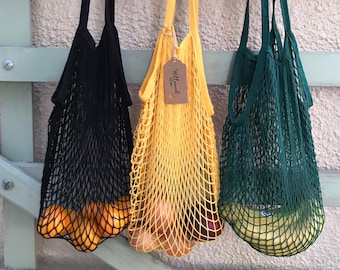 Cotton Shopping Net Bag -Produce Market Mesh Crochet Woven String Bag Long Handles Shopping Produce  Reusable Eco  Zero Waste Plastic Free