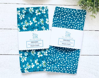 Organic Bamboo & Soft Cotton Wash Cloth | Face Cloth | Flannel | Floral Teal Blossom | Spot