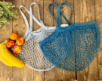 Organic Cotton Shopping Bag - Long Handle Produce Market Mesh Net Woven String Shopper - Ocean Blues