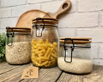 Eco Glass Pantry Kitchen Jars - Nordic Scandi Refillable Storage Canisters - Bamboo Wooden Lid & Silicone Keep Fresh Seal