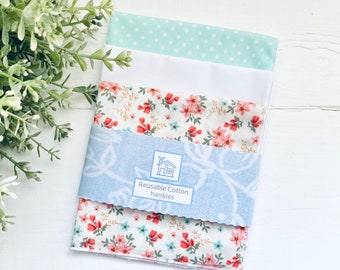 100% Cotton Hankies Handkerchief - Set Of 3 Pretty Polka Dots & Florals  - Gift