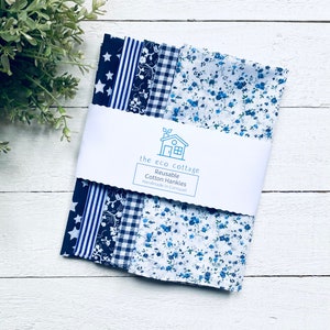 Large 100% Cotton Hankies Handkerchief - Set Of 5 - Pretty Vintage Florals, Dots - Navy Blue - Mum Nan Gift