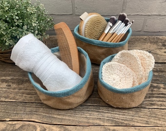 Set of 3 Natural Jute & Cotton Storage Baskets - Ocean