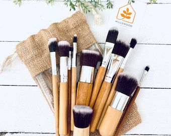 Bamboo Makeup Brush Set &  Organic Jute Storage Bag - Brushes Vegan Friendly Storage Pouch - Zero Waste - Plastic Free - Sustainable Beauty