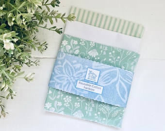 100% Cotton Hankies Handkerchief - Set Of 3 - Pretty Florals & Ticking Stripe - Green - Mum Nan Gift