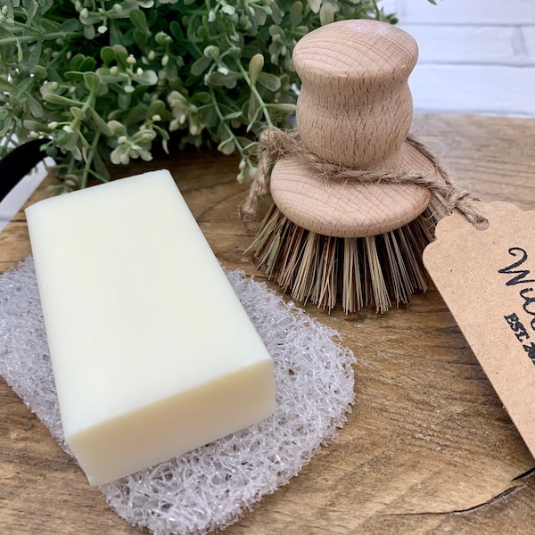Eco Friendly Sink Station - Natural Wooden Pot Brush + Vegan Dish Soap + Stay Dry Soap Mat