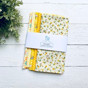 Large 100% Cotton Hankies Handkerchief - Set Of 5 - Pretty Vintage Florals, Dots - Yellow Lemon  - Mum Nan Gift