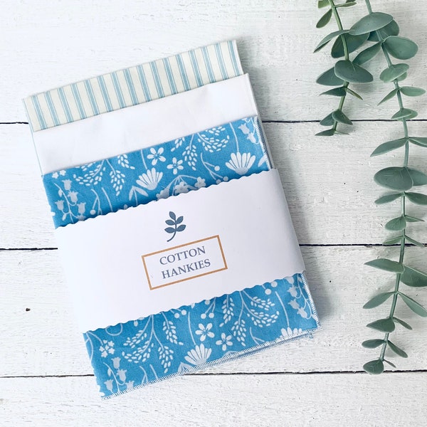100% Cotton Hankies Handkerchief - Set Of 3 - Pretty Florals & Ticking Stripe - Blue - Mum Nan Gift