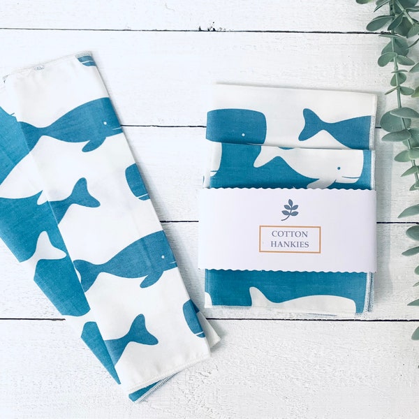 100% Cotton Hankies Pocket Handkerchief - Blue Whale - Set Of 2 - Zero Waste - Gift