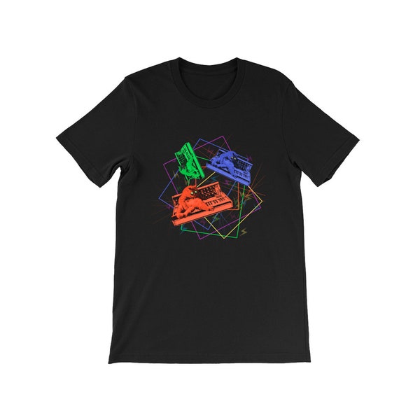 Psychodelic Synth Cat Unisex T-Shirt, Modular Synth Shirt, Analog Synthesizer Tee, DJ Gift, Electronic Music, Minimoog Korg Roland
