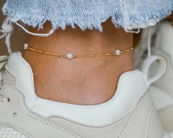 Anklet with Figaro necklace and 5 freshwater pearls, gold-plated / Easter Day Present