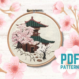 Cherry Blossom Pagoda Embroidery Pattern Cute Spring Gift - Instant PDF Download, Japanese Themed Sakura Tree Flower