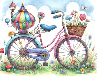 13 Images of colorful and fun bicycles | Soft watercolor digital art | High-quality JPG | Clipart Instant download