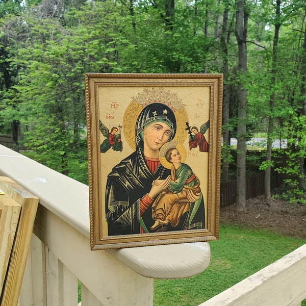 Vintage Religious Icon Our Lady Of Perpetual Help Baby Jesus Picture Art