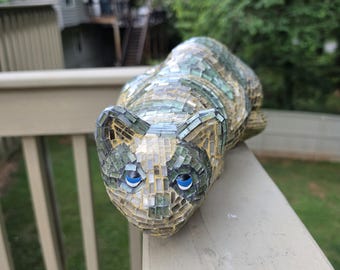 Vintage Mid Century Mosaik Gespiegelte Katzenfigur Statue