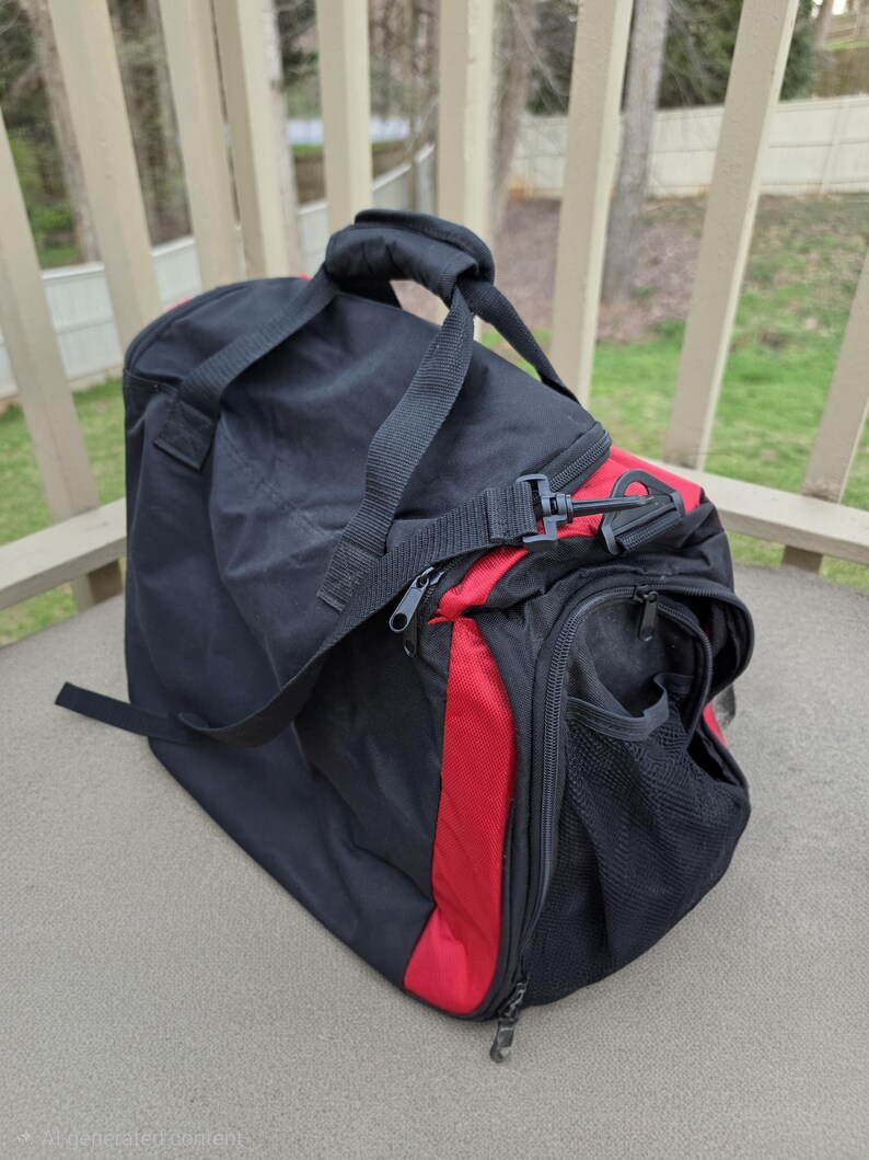 K&ouml;nnte beinhalten: Schwarz-rote Reisetasche mit Schultergurt und Griff. Die Tasche hat ein Hauptfach mit Rei&szlig;verschluss und eine Seitentasche mit Mesh-Einsatz. Die Tasche ist aus strapazierf&auml;higem Material gefertigt und f&uuml;r Reisen oder Sport konzipiert.
