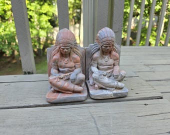 Vintage Swirl Clay Pottery  Native American Bookends Statue Figures