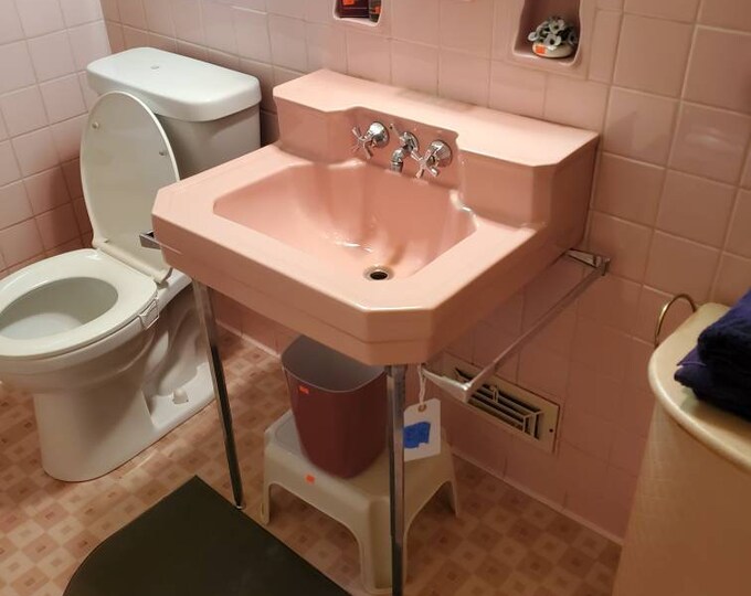 1950s Vintage Pink Bathroom Sink Chrome Legs and Towel Rack Etsy