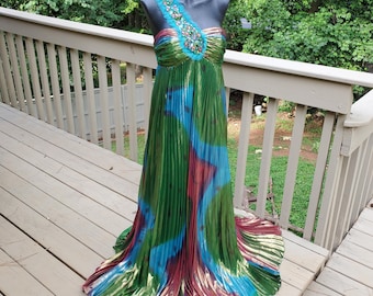 Y2K Jovani Silk Halter Gown: Beaded Deep V, Low Back, Ruffle Detail
