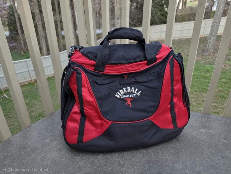 K&ouml;nnte beinhalten: Eine schwarz-rote Reisetasche mit oberem Griff und Schultergurtbefestigungen. Die Tasche tr&auml;gt das Logo "Fireball Cinnamon Whisky" in Wei&szlig; und eine rote Grafik. Die Tasche steht auf einer grauen Oberfl&auml;che.