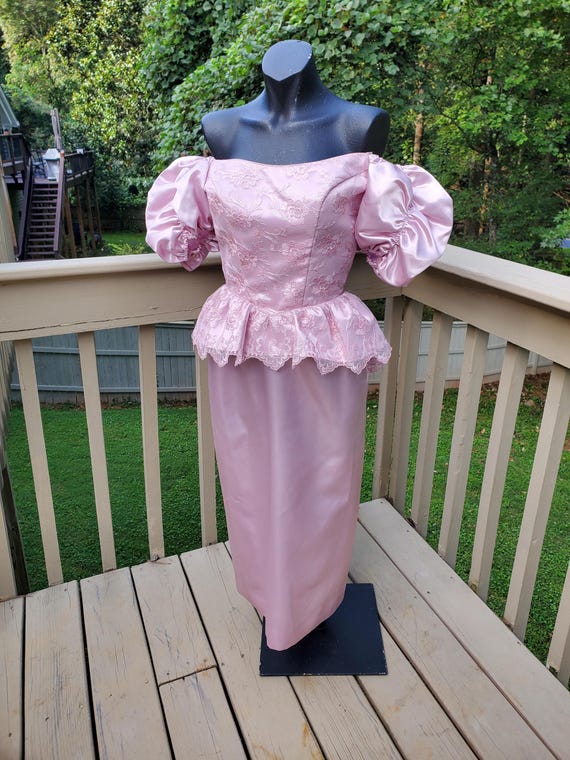 Vintage 1980s Eve of Milady Dress Puffy Sleeves Off The Shoulder Prom Dress
