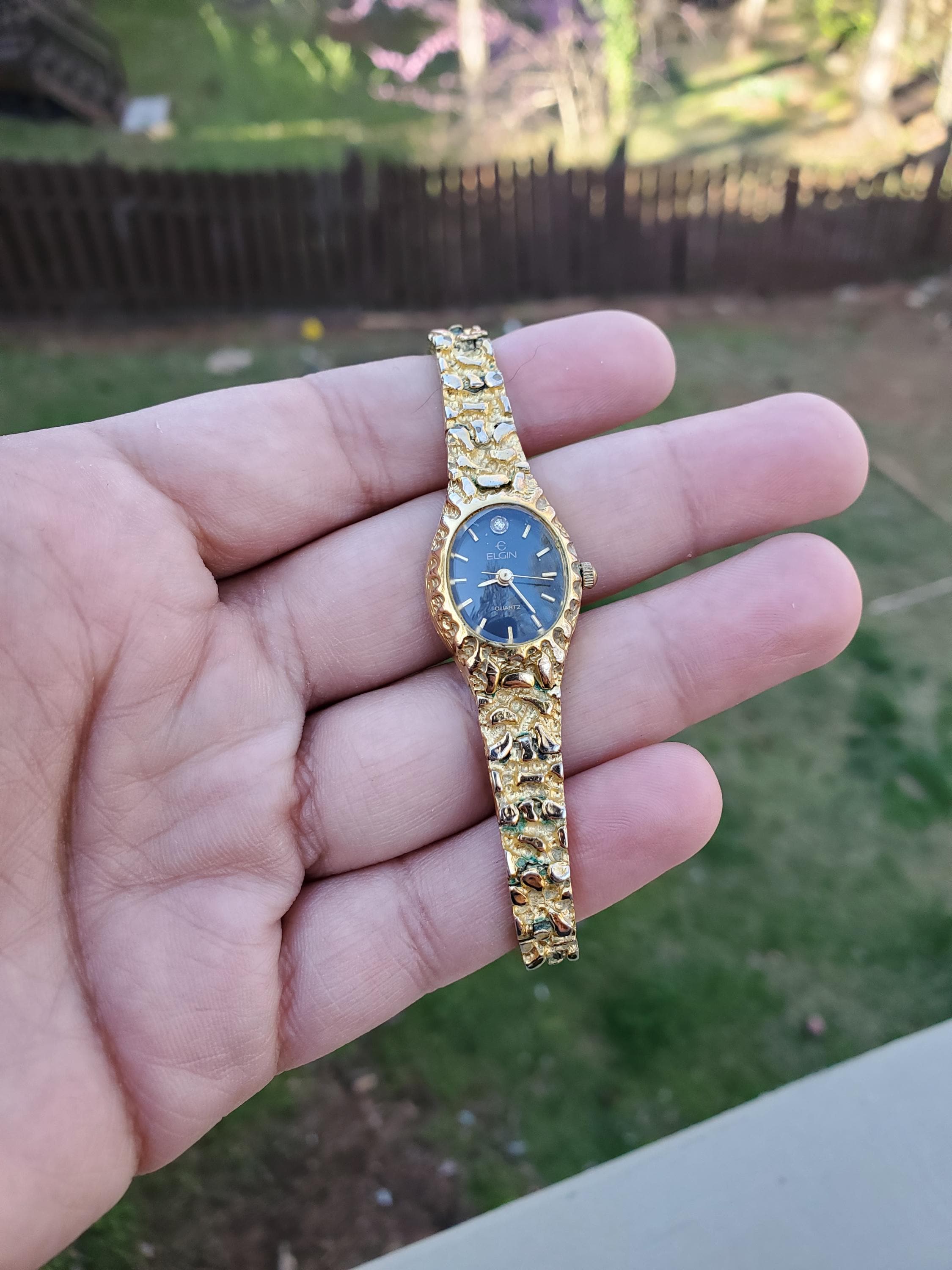 Vintage 1980's Elgin Gold Nugget Black Diamond Dial Womens Watch