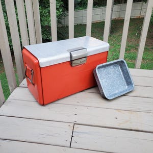 Vintage Poloron Metal Cooler Orange Ice Chest Cooler With Tray