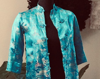 Vintage Asian Jacket/ Peony Brand Blouse | Turquoise Blue Embroidered Chinese Tapestry Pattern / Junior or Child Size
