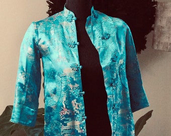 Vintage Asian Jacket/ Peony Brand Blouse | Turquoise Blue Embroidered Chinese Tapestry Pattern / Junior or Child Size