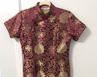 Vintage Cheongsam Dress/ Asian Style Dress/ Gold and Burgundy/Small