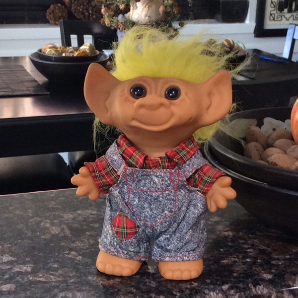 Large Uneeda Troll /Yellow Hair Wishnik Doll/ Farmer  Overalls Red Plaid Shirt /Rare/Pre Owned