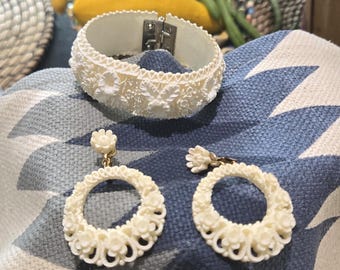Vintage Carved Celluloid Earrings and Bracelet