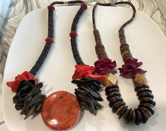 Vtg Two Chunky Wood Bead Necklaces