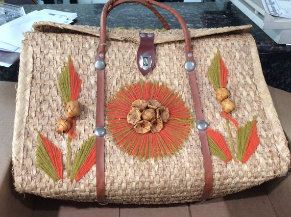 Vintage Straw Bag made in Mexico/Woven Straw Bag/… - image 1