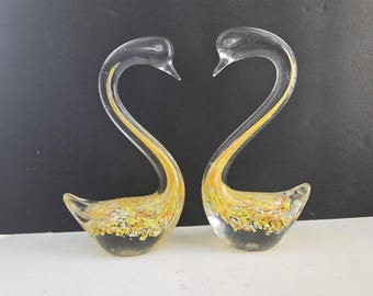 Vintage Pair of Yellow Glass Swans