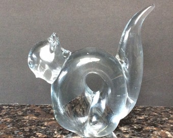 Vtg Glass Cat Figurine/ Glass Paperweight Cat