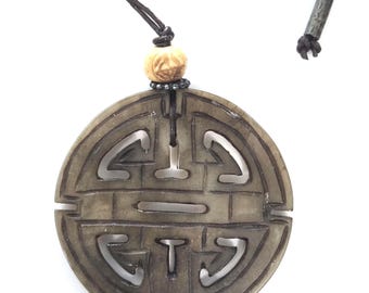 Vintage Faux Jade  Carved Pendant Necklace