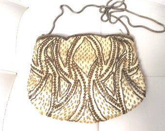 Vintage Beaded Evening Bag: Champagne Gold Satin Clutch with Chain