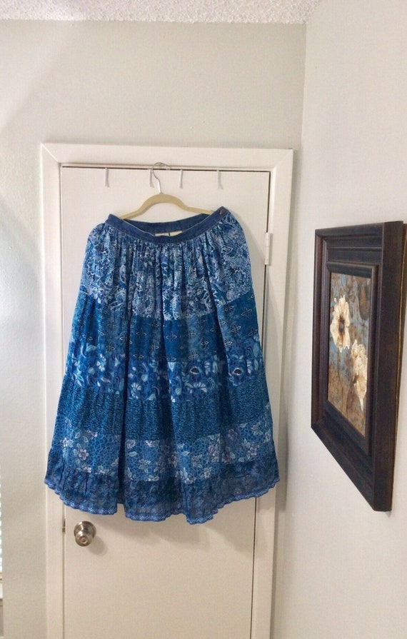 VTG Boho Western Maxi Skirt/ Denim Trim Cotton Ski