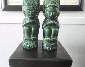 Vintage Liquor Bottle/ Kahlua Green (Empty) Bottle / Glazed Tiki Aztec Mayan Ceramic Decanter